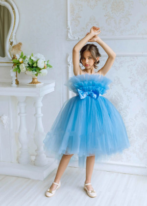 Blue Tulle Tea Length Popular Flower Girl Dress